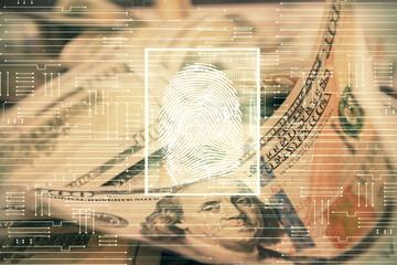 Double exposure of finger print scan drawing over usa dollars bill background. Concept of security of safe access.