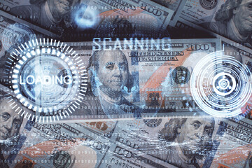 Double exposure of data theme drawing over us dollars bill background. Technology concept.