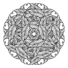 Zentangle feather mandala, page for adult colouring book, vector design element. Ornamental round doodle pattern isolated on white background.