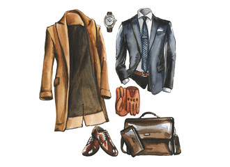 Watercolor Set of business casual clothes, shoes and bag for man. Corporate outfit illustration. Hand drawn painting of office style look.