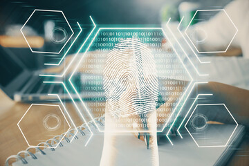 Double exposure of fingerprint drawing over people taking notes background. Concept of security