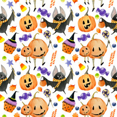 Fototapeta premium Watercolor pattern with Halloween characters.