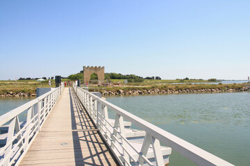 The Pilou foot bridge in of Villeneuve les Maguelone, a seaside resort in the south of Montpellier, Herault, France