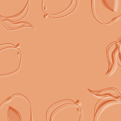 Apricot fruit square postcard frame on a orange background. Digital doodle outline art. Print for fabric, kitchen, menu, textile, wrapping paper, packaging, wallpaper, poster, social media.