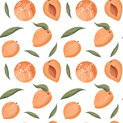 Apricot fruit warm orange color square seamless pattern on a white background. Textural watercolor digital art. Print for fabric, kitchen, menu, textile, wrapping paper, packaging, wallpaper.