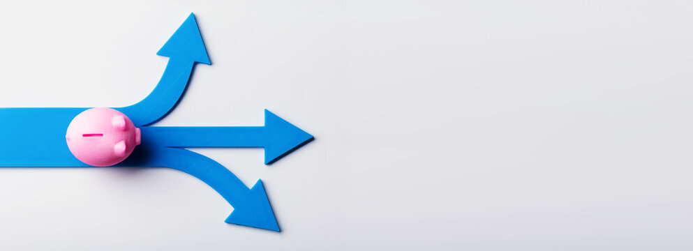 Elevated View Of Pink Piggybank And Blue Arrow Signs