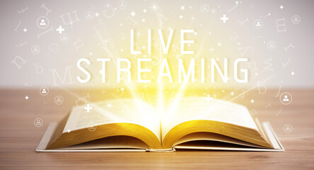Open book with LIVE STREAMING inscription, social media concept