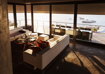 Modern living room overlooking ocean