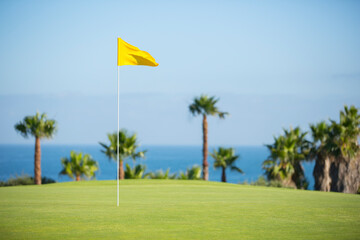 Flag in hole on golf course overlooking ocean