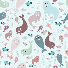 Seamless pattern with colorful seals and fish