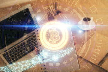 Double exposure of woman hands typing on computer and crypto market theme hologram drawing....