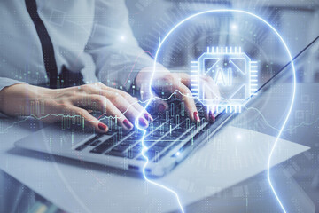 Multi exposure of woman hands working on computer and human brain hologram drawing. Ai tech concept.