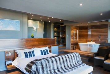 Bed and bathtub in modern master bedroom