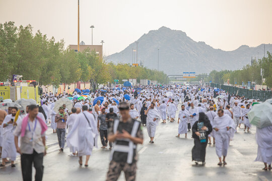 Hajj Pilgrims Performing Hajj, Rainy day, Arafat, Makkah, Saudi Arabia, August 2019