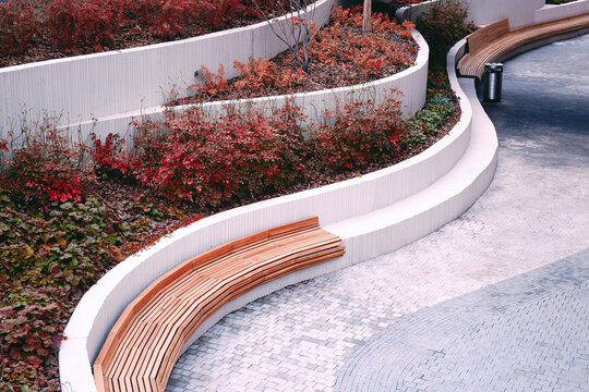 Urban Space Design, The Layout Of The Open Space In The City For Rest And Entertainment Of Citizens. Elegant Architecture Lines, Landscaped Park, Settles, Benches.