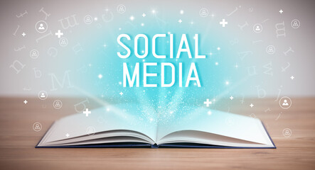 Open book with SOCIAL MEDIA inscription, social media concept