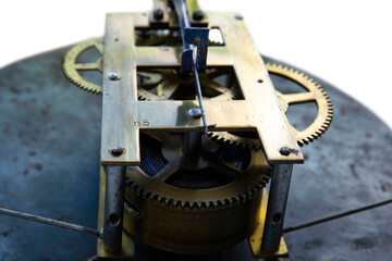 Old and durable wall clock mechanism. mechanisms are just as reliable. close-up.