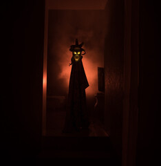 Silhouette of an unknown shadow figure on a door through a closed glass door. The silhouette of a human in front of a window at night. Scary scene halloween concept of blurred silhouette of maniac.