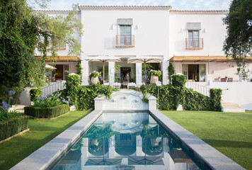 Reflecting pool in backyard of luxury home