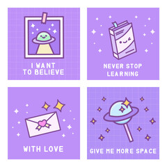 Vector doodle cartoon cute kawaii card collection set or poster set with ufo spaceship, lollipop planet, book and love letter with motivational quotes in 80s-90s style