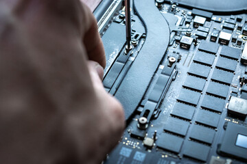 Engineer technician man upgrade and maintenance digital pc. Solutions services electronic hardware....