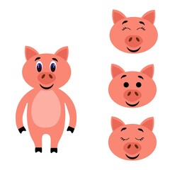 Cute pig torso with extra heads isolated on white background. Animal emotions. Lovely pets. Stock vector illustration for books and magazines, clothes, fabrics, postcards, internet.