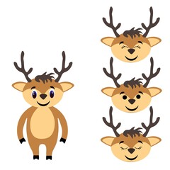 Cute deer torso with extra heads isolated on white background. Animal emotions. Cute wild animals. Stock vector illustration for books and magazines, clothes, fabrics, postcards, internet.