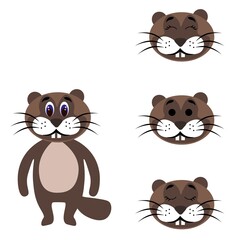 Cute beaver torso with extra heads isolated on white background. Animal emotions. Cute wild animals. Stock vector illustration for books and magazines, clothes, fabrics, postcards, internet.