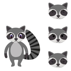 Cute torso of a raccoon with extra heads isolated on white background. Animal emotions. Cute wild animals. Stock vector illustration for books and magazines, clothes, fabrics, postcards, internet.