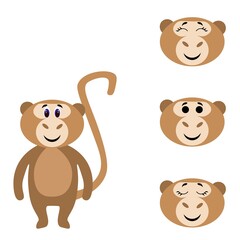 Cute monkey torso with extra heads isolated on white background. Animal emotions. Cute wild animals of africa. Stock vector illustration for books and magazines, clothes, fabrics, postcards, internet.