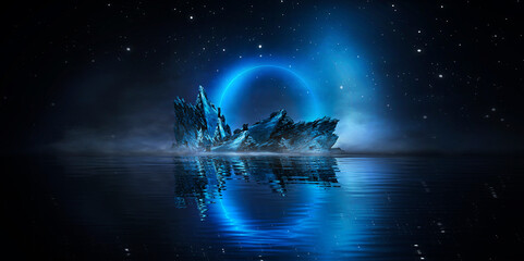 Naklejka premium Abstract, futuristic city of concrete and neon. Night city view, illumination. Dark street, abstract scene, neon rays. 3D illustration. Reflection of neon light on the water.