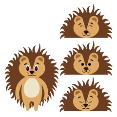 Cute torso of a hedgehog with extra heads isolated on white background. Animal emotions. Cute wild animals. Stock vector illustration for books and magazines, clothes, fabrics, postcards, internet.