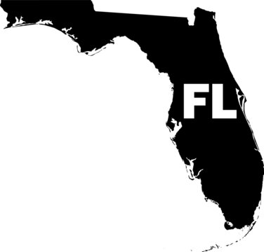 Black and White Silhouette Map of the US Federal State of Florida with it's Postal Code Abbreviation