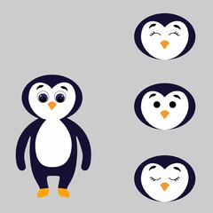 Cute torso of a penguin with extra heads isolated on white background. Animal emotions. Cute wild animals. Stock vector illustration for books and magazines, clothes, fabrics, postcards, internet.