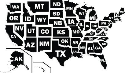 Black and White Silhouette Map of the United States of America Federal States with their Postal Code Abbreviations - obrazy, fototapety, plakaty