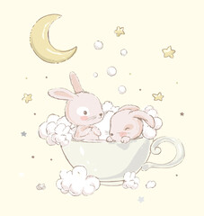 Cute little sister bunnies take baths in a cup. Moon, foam and clouds on the background. Cartoon hand drawn illustration. 