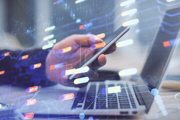 Multi exposure of man's hands holding and using a digital device and data theme drawing. Innovation concept.