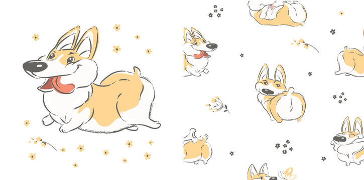 Funny Corgi Dog seamless pattern on a white. Can be used for t-shirt print, kids wear fashion design, baby shower invitation card, packaging, wrapping paper, textile and etc