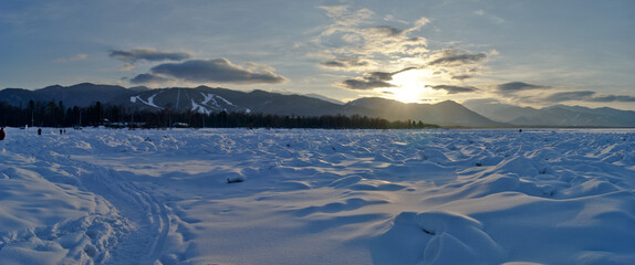 View from lake Baikal to the mountain sable ski resort