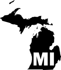 Black and White Silhouette Map of the US Federal State of Michigan with it's Postal Code Abbreviation
