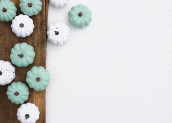 mini pumpkins for thanksgiving holiday on a white background, copy space for autumn