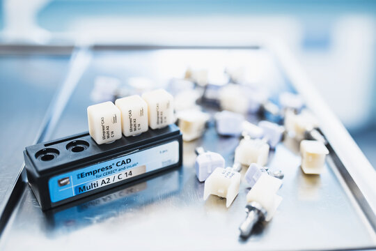 Minsk, Belarus - Juny 11, 2020: Workpiece blocks - material for the manufacture of dentures - leucite glass-ceramic and composite reproduce the optical properties and structure of a living tooth
