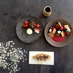 Modern dish with tomatoes. Tomato-based dish. Modern cuisine. 