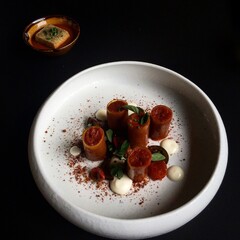 Tomato pasta. Modern cuisine. Experimental food.