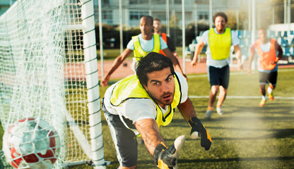 Goalie training on soccer field
