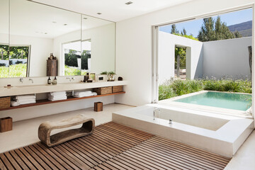 Modern bathroom overlooking luxury soaking pool
