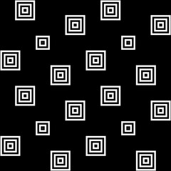 White repeated stylized squares on black background. Checks wallpaper. Seamless surface pattern design with symmetrical blocks ornament. Mosaic motif. Digital paper with quadrangles for print. Vector.