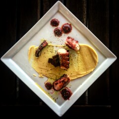 Octopus dish. Modern cuisine. Greek food. 