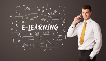 Businessman thinking with E-LEARNING inscription, business education concept