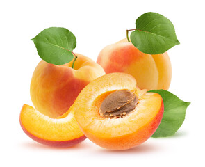 apricot with leaves and half of apricot isolated on a white background